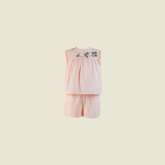 Hand Embroiderd (Front view) Dressy shorts and top set cotton twill-Gia By Tilahn