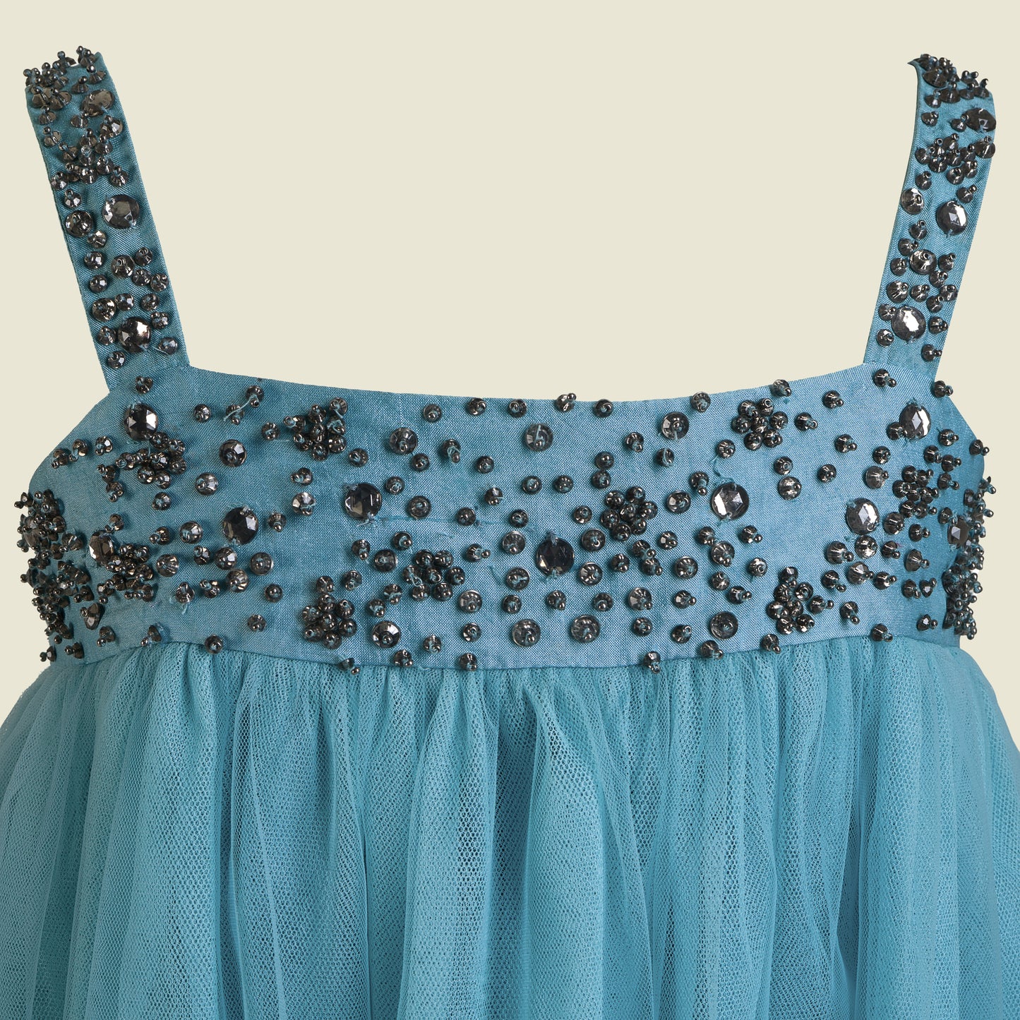 Hand Embroidery Full length multi layered tulle dress(Front Section)-Gislaine Blue By Tilahn