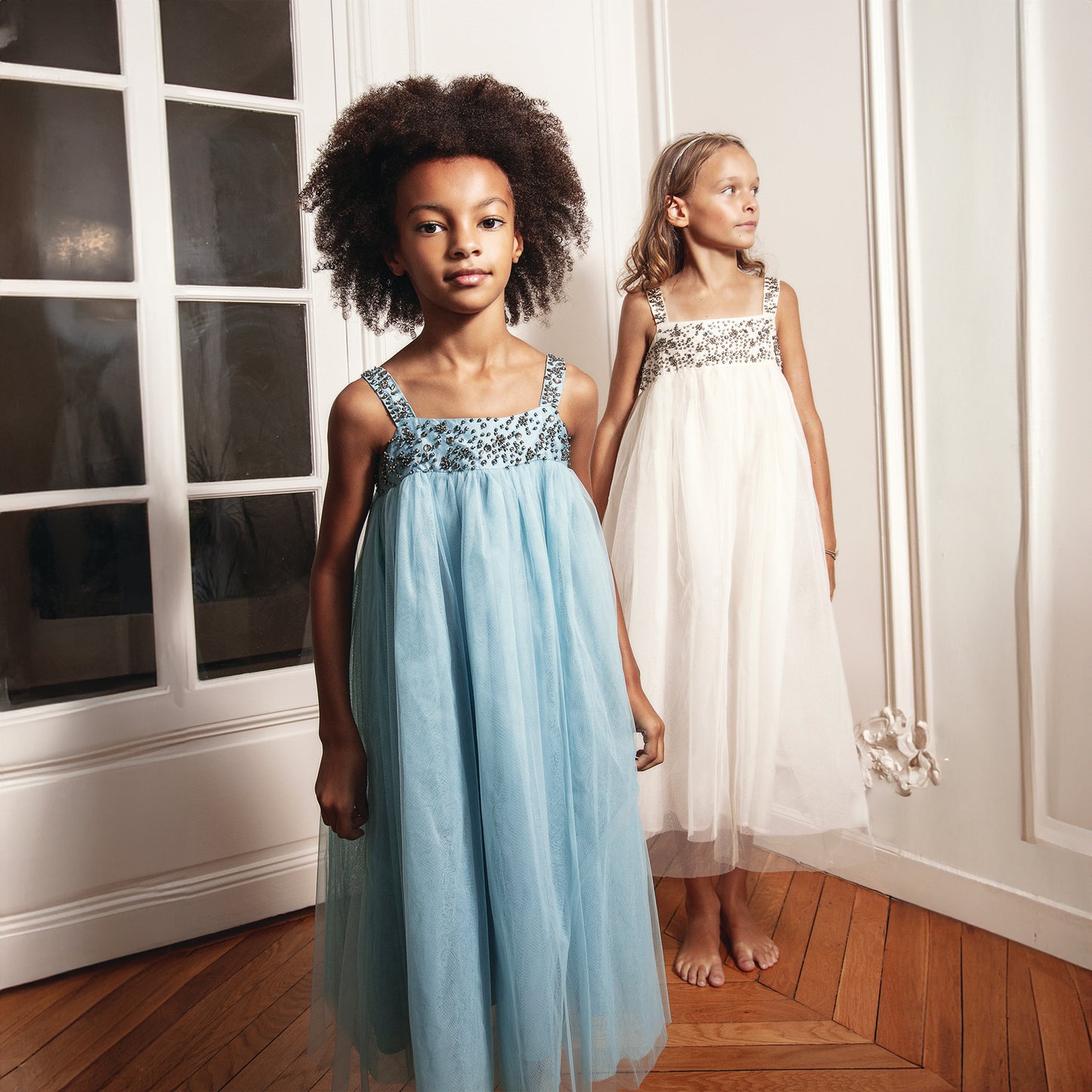 Full length multi layered tulle dres-Gislaine Blue & White By Tilahn