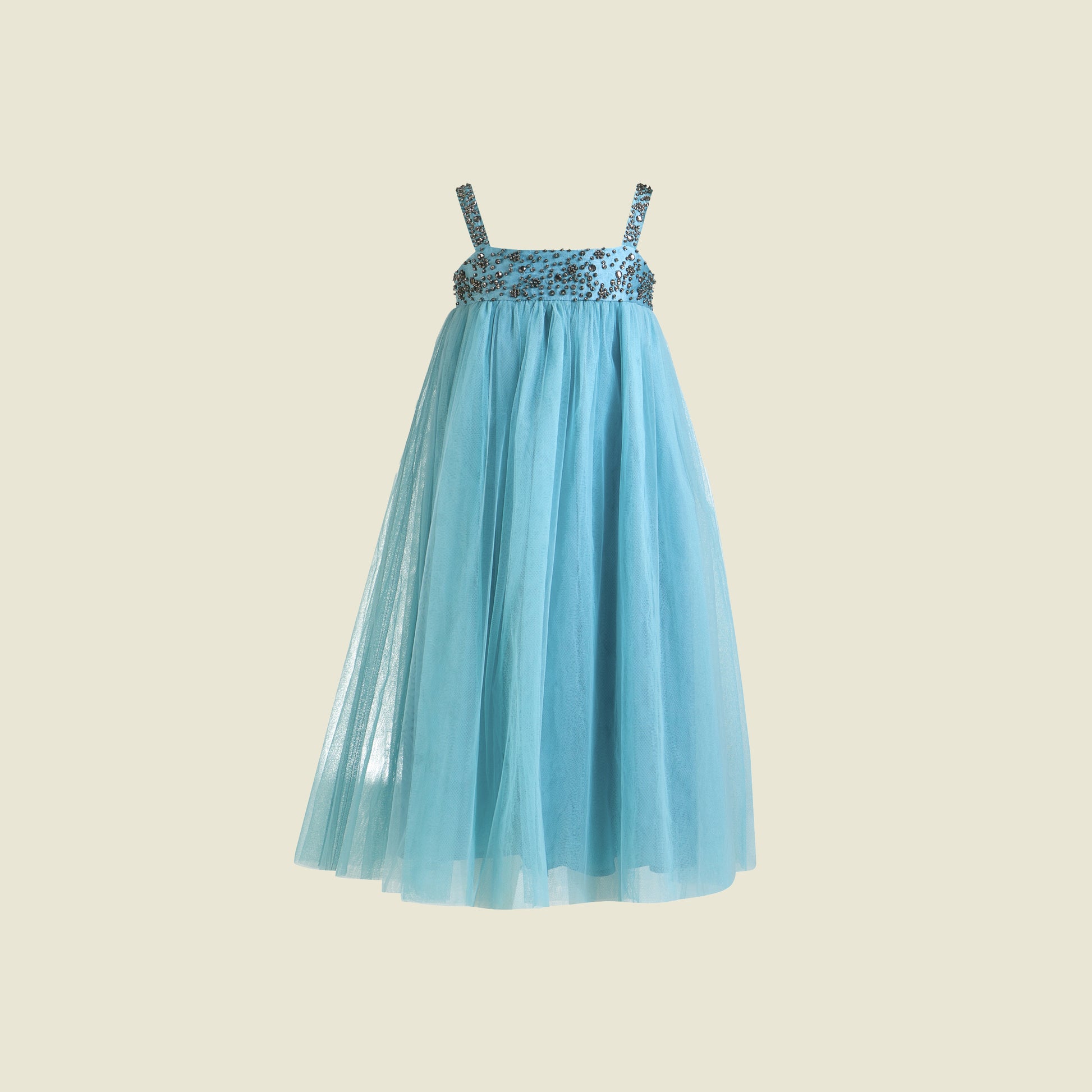 Hand Embroidery Full length multi layered  tulle dress (Back View)-Gislaine Blue By Tilahn