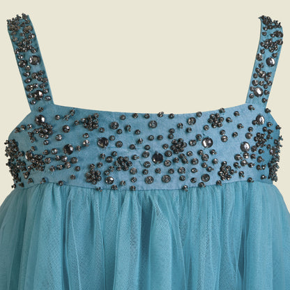 Hand Embroidery Full length multi layered  tulle dress(Front Section)-Gislaine Blue By Tilahn