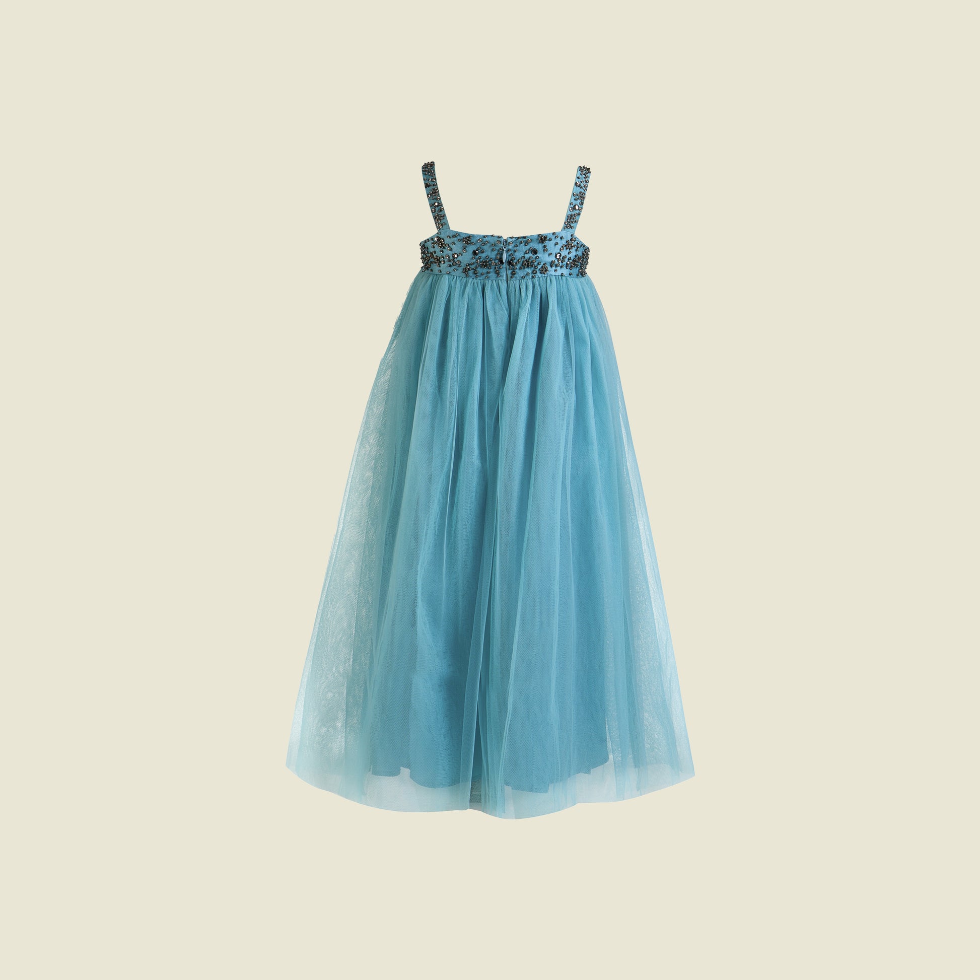 Hand Embroidery Full length multi layered  tulle dress(Front View)-Gislaine Blue By Tilahn