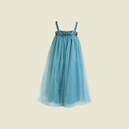 Hand Embroidery Full length multi layered  tulle dress(Front View)-Gislaine Blue By Tilahn