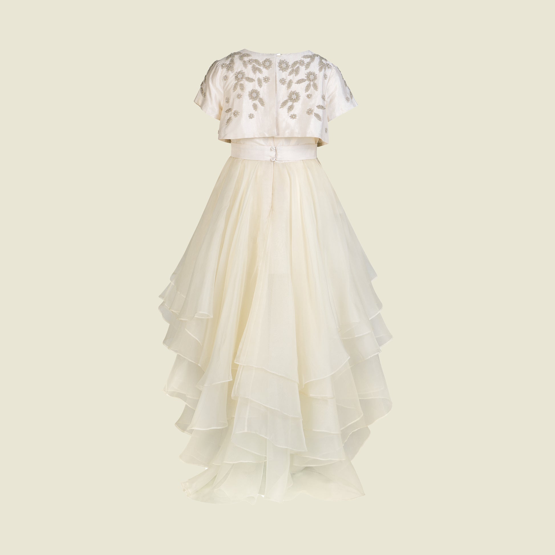 Hand Embroidery on Sleeveless silk taffeta layered ruffles dress (Back View)-Gabrielle Beads By Tilahn 