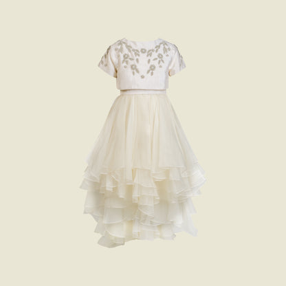 Hand Embroidery on Sleeveless silk taffeta layered ruffles dress (Front View)-Gabrielle Beads By Tilahn 
