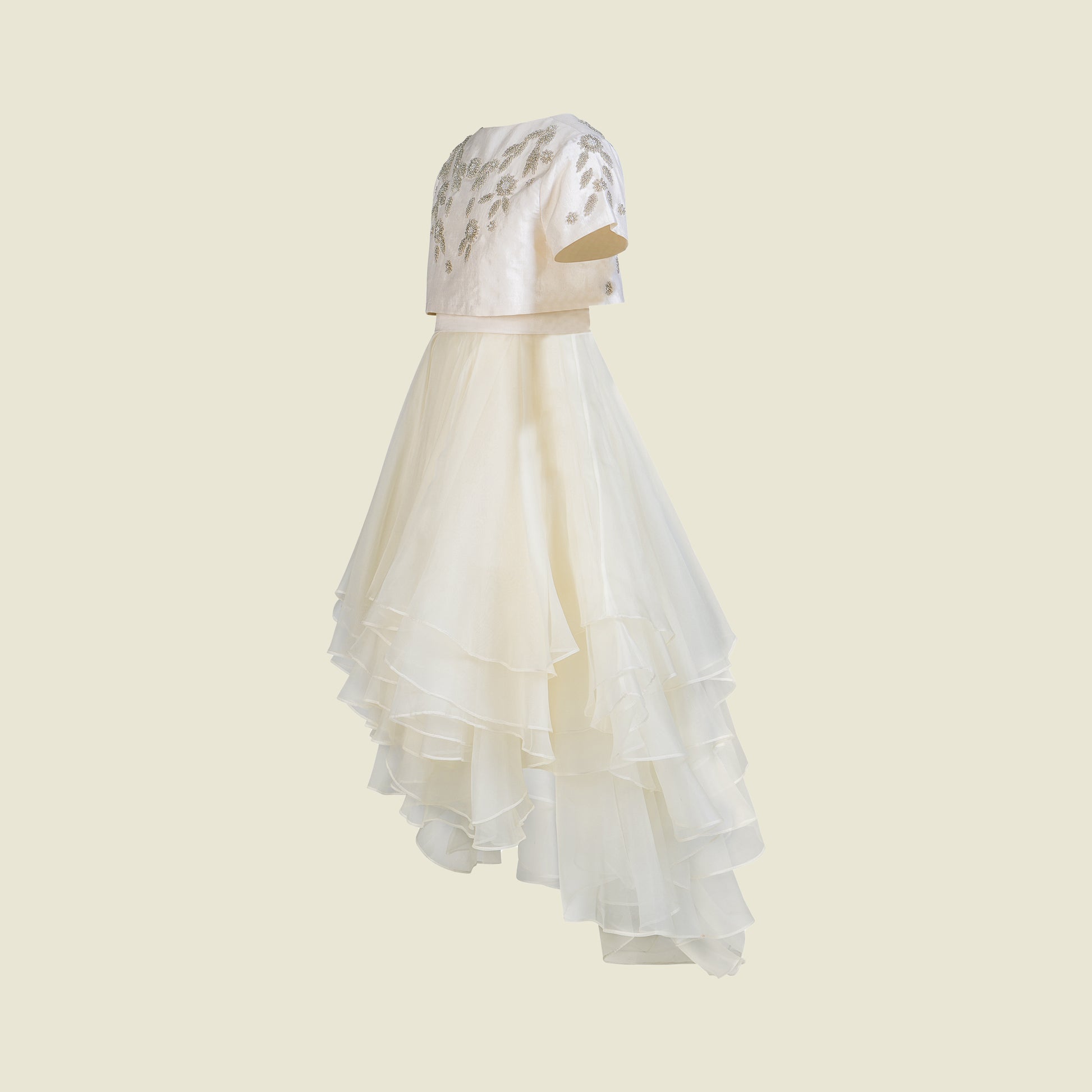 Hand Embroidery on Sleeveless silk taffeta layered ruffles dress (Side View)-Gabrielle Beads By Tilahn 