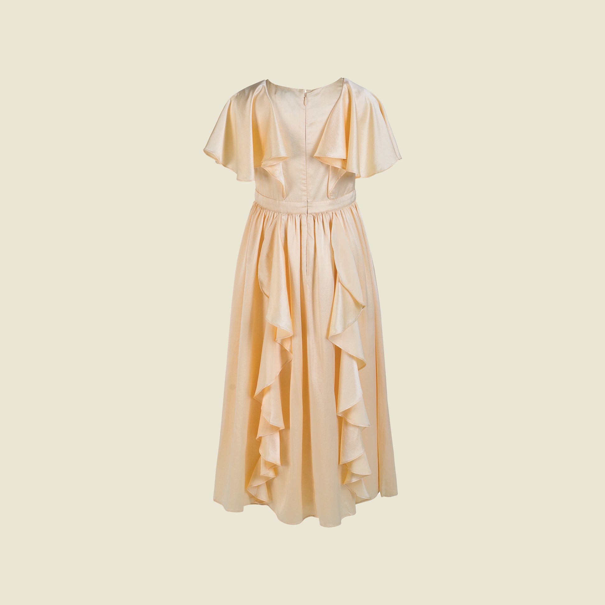 Satin silk dress with soft draped frills-Grazia Cream By Tilahn