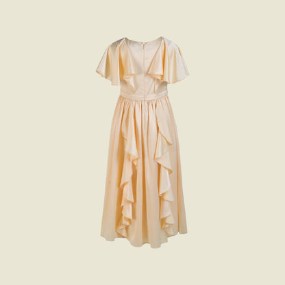 Satin silk dress with soft draped frills-Grazia Cream By Tilahn