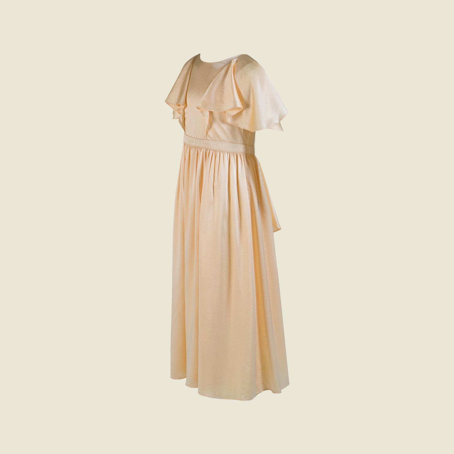Satin silk dress with soft draped frills (Side view)-Grazia Cream By Tilahn