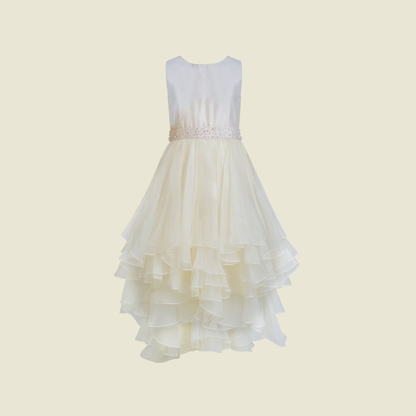 Sleeveless silk taffeta layered ruffles dress (Front View)-Gabrielle Pearls By Tilahn