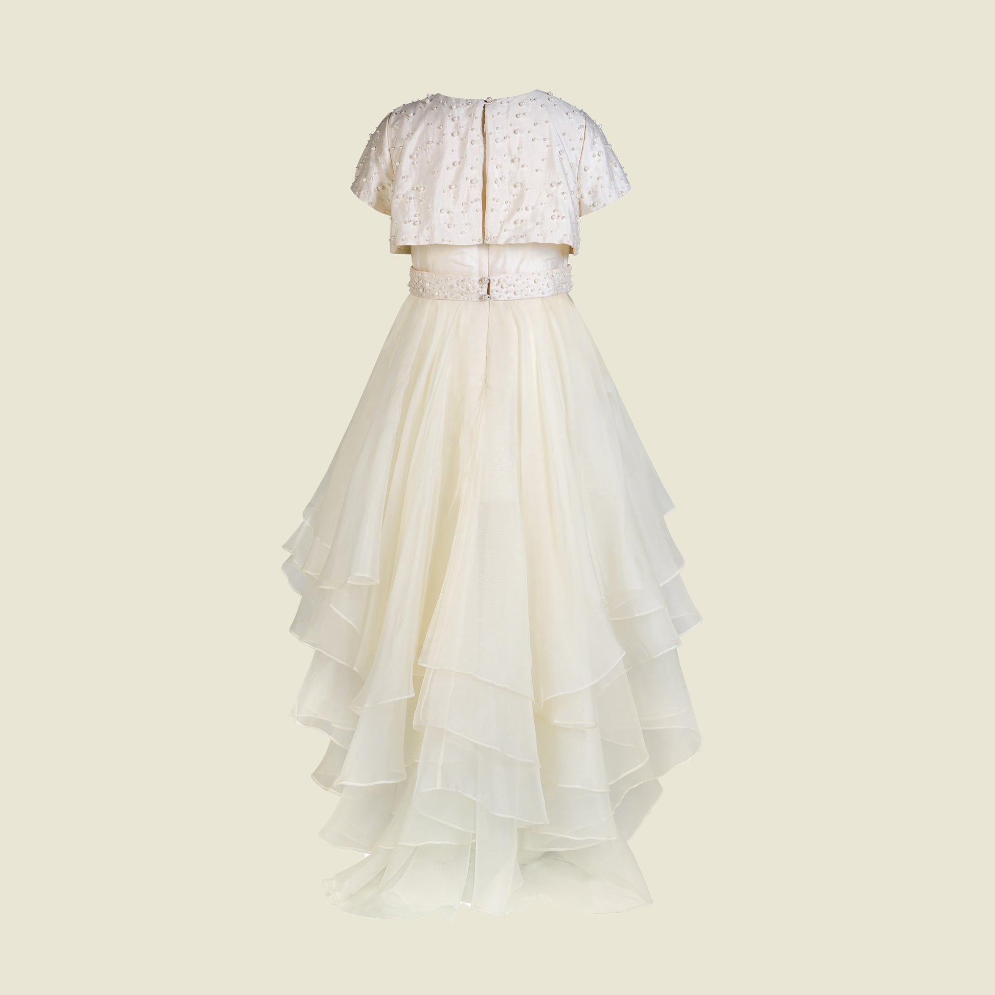 Sleeveless silk taffeta layered ruffles dress with bolero (Back View)-Gabrielle Pearls By Tilahn